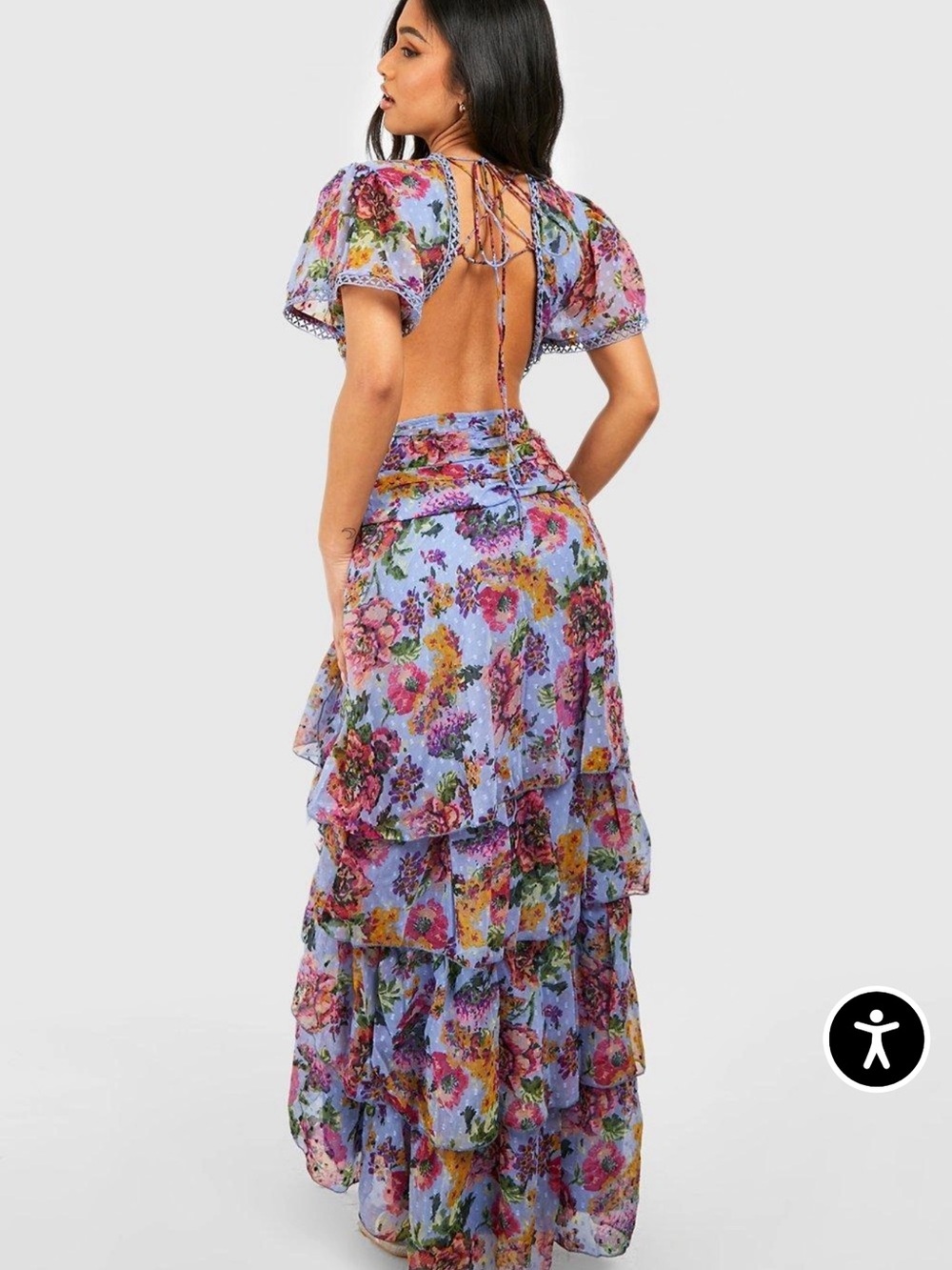 NWT Boohoo Petite Floral Dobby Mesh Cut Out Maxi Dress Blue US 10 - Picture 2 of 10